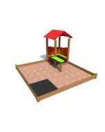 Sandkasse 3 x 3 m med lekehus og oppbevaringsboks