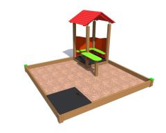 Sandkasse 3 x 3 m med lekehus og oppbevaringsboks